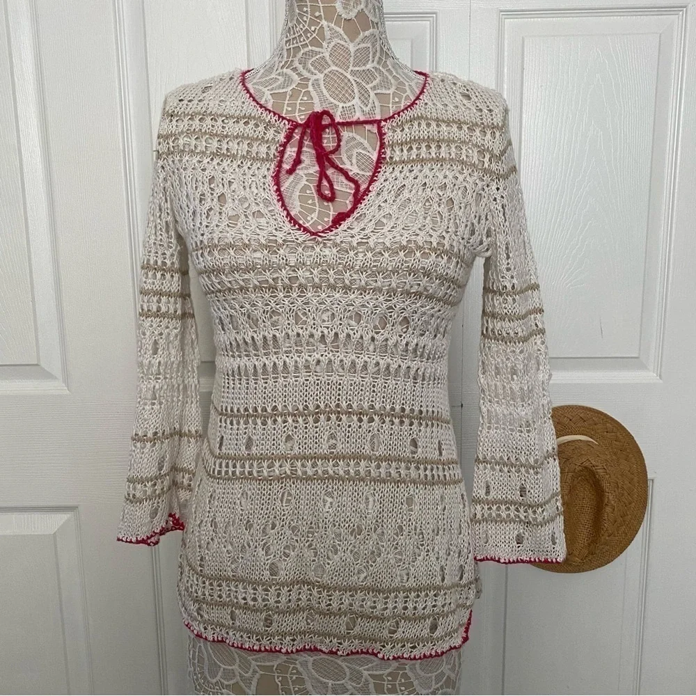 Tommy Bahama Cream White Crochet Dress Linen CoverUp Long sleeve XS